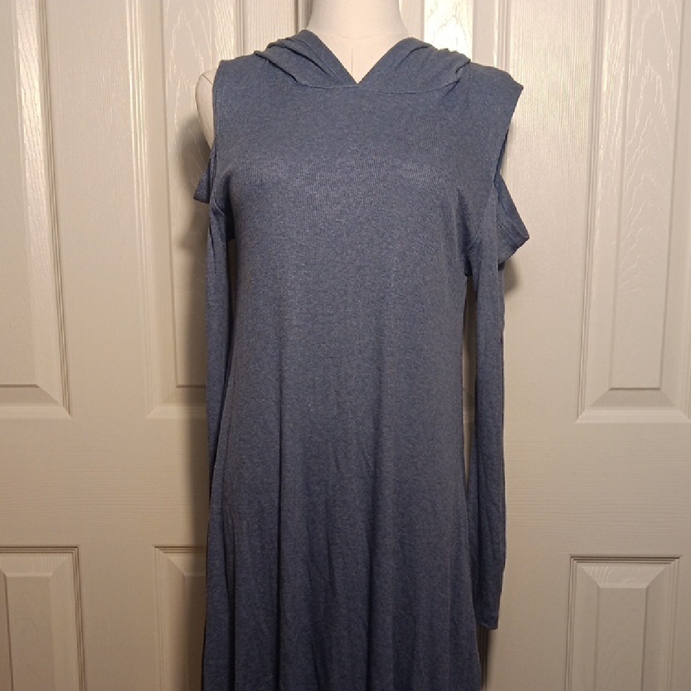 Elan Hooded Long Sleeve Cold Shoulder Heather Blue Dress With Pockets